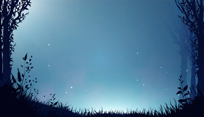 Blue night forest silhouette with misty glow in a clearing, atmospheric woodland scene for backgrounds and fantasy designs. Vector illustration.  © Valeriia