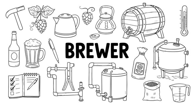 Brewing equipment and ingredients collection, hand-drawn illustration for craft beer enthusiasts