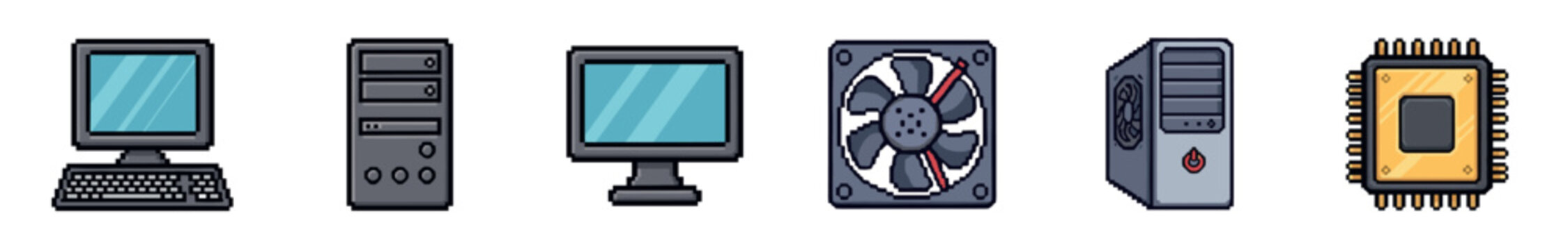Pixel art computer hardware icon set featuring a desktop PC, monitor, tower, cooling fan, and CPU processor in a retro 8-bit video game style illustration
