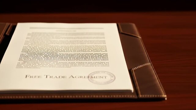 Document d 'Free Trade Agreement' displayed on a wooden desk with a sleek folder