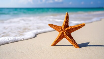 Starfish on Sandy Beach with Ocean Waves.