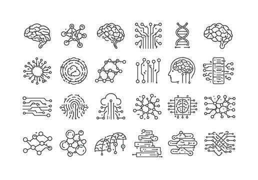 Line vector icons of consciousness digitization: neuron arcs, synapse beads, brain-network grids, signal-flow stems, memory
