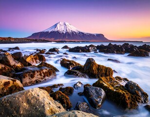 Snowcapped Mountain Landscape at Sunset with Rocky Shore.