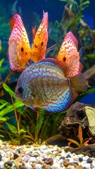 Several Discus fish, orange and blue, swim in a brightly lit aquarium with plants and gravel