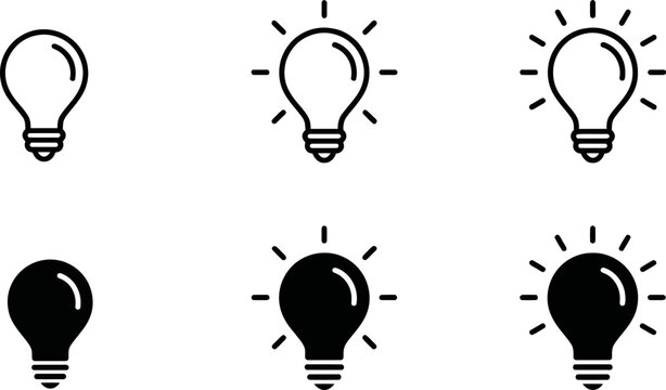 Minimalist Light Bulb Vector Icon Pack, Creative Idea Symbols, Black and White Line Art, Editable Design Elements for Business and Innovation