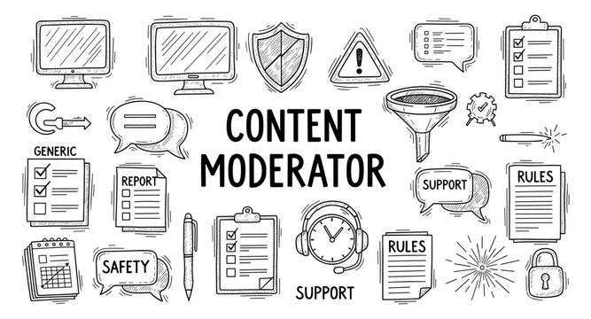 Content moderator icons and symbols representing online safety, rules, and support