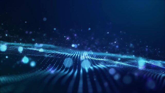 A futuristic digital landscape with glowing blue lines and dots, creating a 3D effect in a dark environment from a low viewpoint