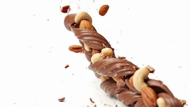 Twisted chocolate strands with nuts on white background for food advertising freely