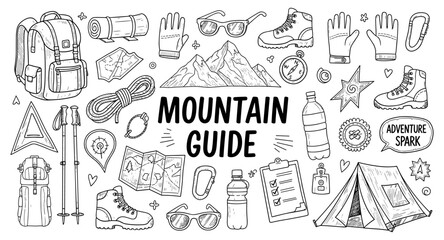 Collection of hand-drawn mountain climbing and adventure gear illustrations