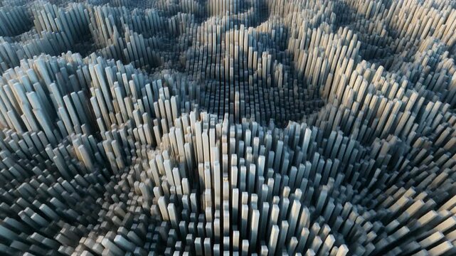 Aerial view of a futuristic digital landscape with cylindrical structures in a radial pattern