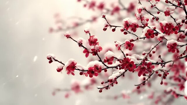 Spring snow ice thaw, end of Winter Season, hope, fresh start. A closeup of a cherry blossom tree branch covered in snow, with its vibrant red flowers contrasting against a blurred white background.