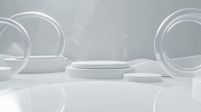 Transparent glass shapes arranged on white platforms in a minimalist studio setting with soft lighting and reflections
