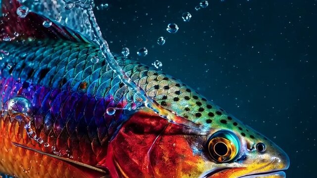 Vibrant trout leaps from water, caught mid-air, showcasing colorful scales and dynamic movement in a freshwater environment.