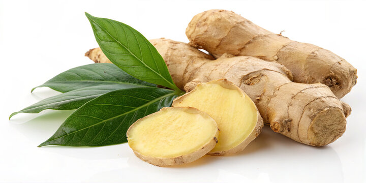 A close-up shows fresh ginger root arranged with green leaves. One piece of ginger is sliced to reveal the inner texture. This scene emphasizes the raw food item