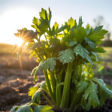 Fresh celery plants gleam with morning dew