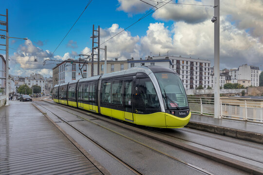 Green tramway in a cloudy day in Brest France