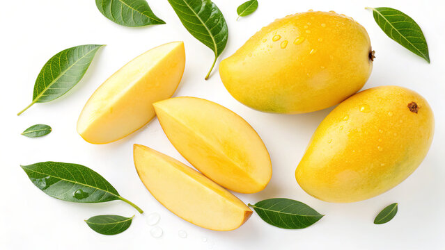 Two whole mangoes and several slices are cut and placed next to green leaves on a clean white surface. The setting is bright and shows the mango's fresh color