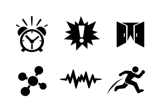 Solid style icons of FOMO activation cues: alarm-clock flare, exclamation burst, narrowing opportunity gate, emotional trigger