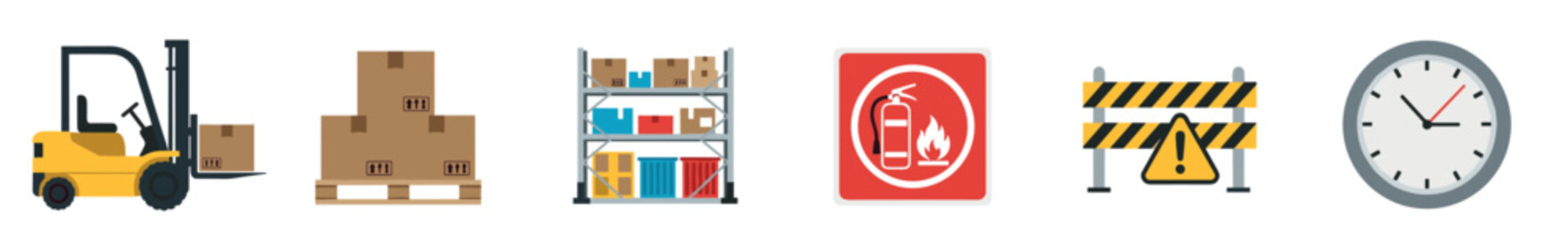 Warehouse and logistics flat vector icon set with a forklift, cardboard boxes on a pallet, storage rack, fire safety sign, barrier, and clock for inventory and shipping concepts