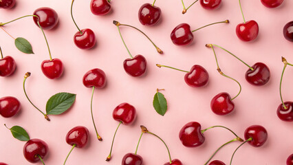 Fresh red cherries with green leaves are placed on a pink background. The cherries are arranged in a pattern that shows their shape and color. This setup showcases the fruit's appeal and freshness