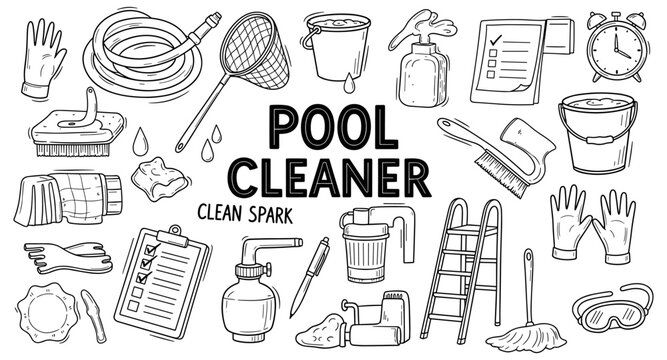 Collection of hand-drawn pool cleaning supplies and tools for maintenance tasks