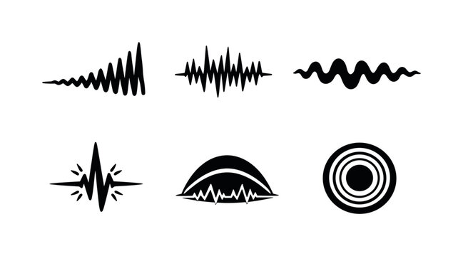 Solid style icons of expressive seismic dynamics: crescendo-like amplitude rise, staccato tremor spikes, sustained ground-roll