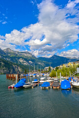 Fototapeta premium Hafen Unterterzen Gemeinde Quarten am Südufer des Walensees, Kanton St. Gallen