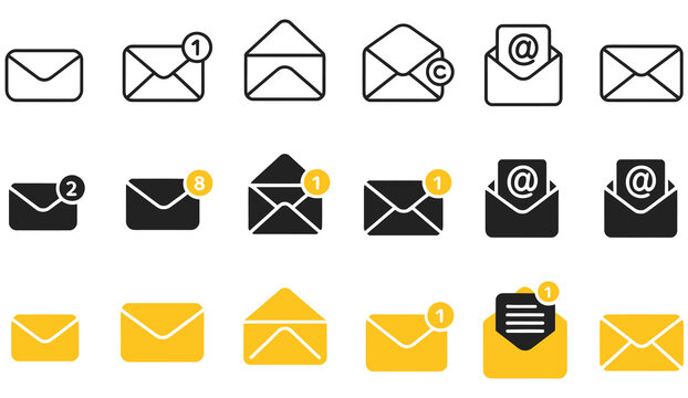 Message icon set, vector collection including closed, open, and notification envelopes in outline, solid, and styles, representing email, inbox, documents, contacts, and postal communication 