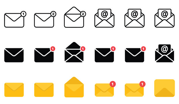 Email and message icon collection, vector symbols of closed and open envelopes with notification alerts, in multiple styles for digital communication, inbox management, postal services, and user inter