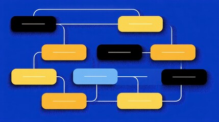 Abstract diagram with colorful boxes and connecting lines on a vibrant blue background for illustration of information flow and process management
