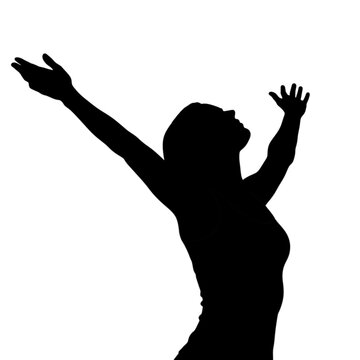 Woman silhouette with arms raised up isolated on transparent background.