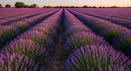 Naklejka premium Lavender field at sunset rural landscape.