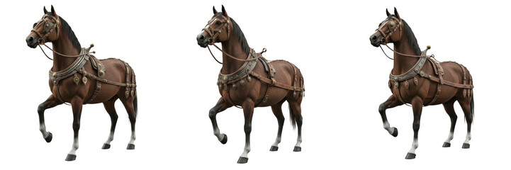 Fototapeta premium Ancient Chariot Horse Equus ferus caballus Isolated on White Background, Bronze Age War Chariot Mount, Egyptian Egyptian Hieroglyph Era and Roman Chariot Racing Studio Cutout