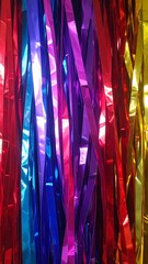 Shiny, colorful tinsel streamers in various hues, vertically hanging, glimmering, and festive