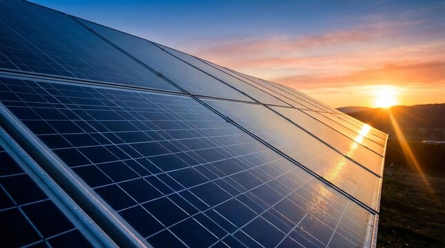 Solar panels at sunset with water droplets on them