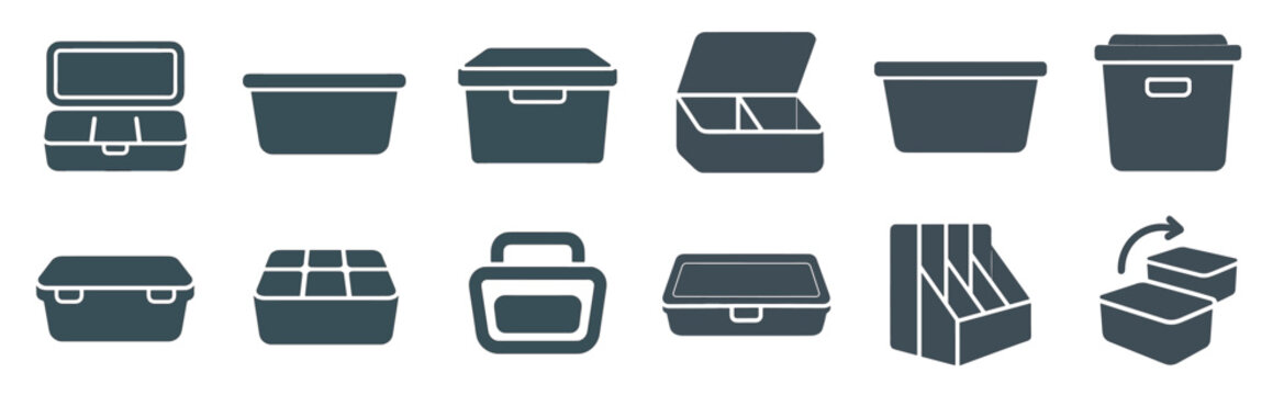 Storage container and organizer box icon set showing various plastic bins, lunchboxes, and food containers in a simple flat monochrome graphic style for organization concepts