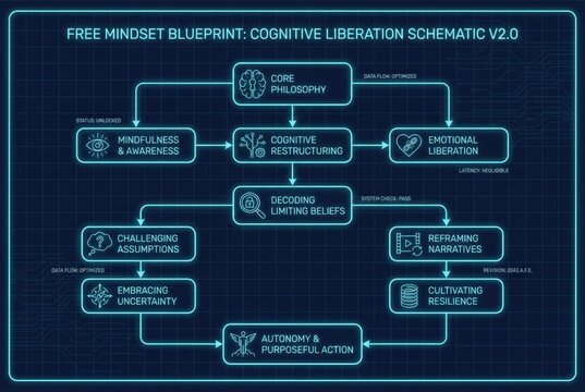 Free Mindset Blueprint for Cognitive Liberation Displaying Visual Framework for Challenging Assumptions and Cultivating Resilience in a Structured Cognitive Process