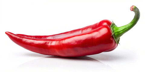 A red chili pepper sits on a clean white surface. The pepper has a curved shape and a green stem at one end. Light reflects off the surface, creating a shadow beneath the pepper