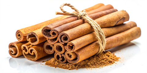 Cinnamon sticks are tied in a bundle with twine placed on a white surface, with some ground cinnamon scattered beside them. This setup shows the natural brown color and texture of the spice