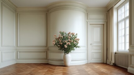 Fototapeta premium Elegant interior design featuring a minimalist floral arrangement in a pastel-colored room with wooden flooring and soft natural light