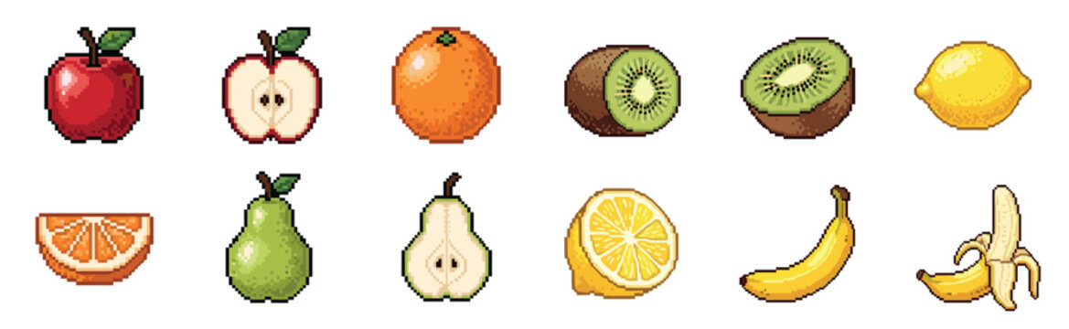 Collection of pixel art fruit icons including apple, orange, kiwi, lemon, pear, and banana in a retro 8-bit video game style with whole and sliced versions