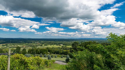 Fototapeta premium Virginia wine country landscape with green hills road and cloudy sky
