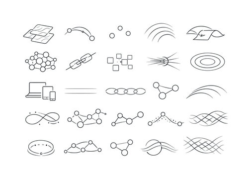 Line style icons of quiet file hopping: drifting contour tile, proximity node arc, micro-hop dot, soft beam pattern, gentle file