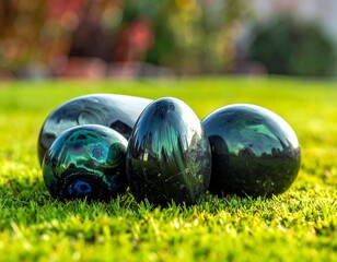 Shiny dark stone spheres & an egg form on bright green grass under soft, diffused light