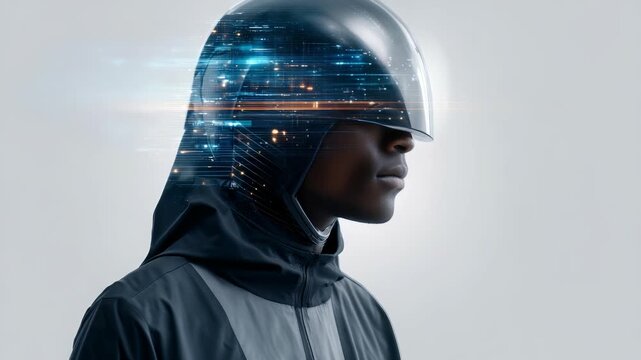 Person in high tech visor stands against neutral background, symbolizing future virtual reality. Digital effects highlight innovation, connectivity, evolution immersive technology