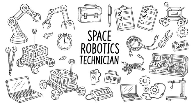 Space robotics technician tools and equipment illustration in a doodle style