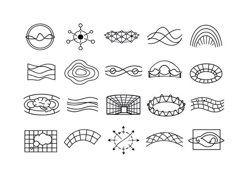 Line style icons of macroscopic quantum mind processes: coherent phase ring, entangled field dot, quantum mesh stripe, neural