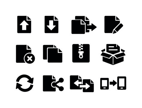 Solid vector icons of file operations: upload, download, copy, move, rename, delete, duplicate, compress, extract, sync, share,
