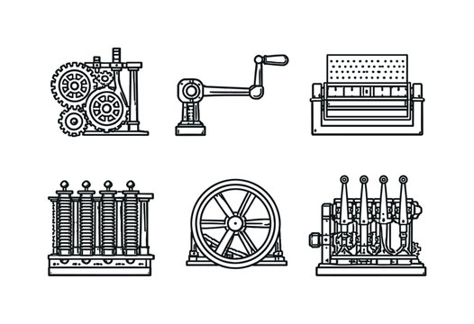 Line style vector icons of Babbage computing machine: mechanical-gear assembly, crank-handle icon, punched-card reader slot,