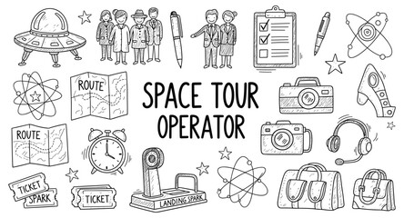 Fototapeta premium Doodle collection for space tour operator business with UFO, people, and travel items